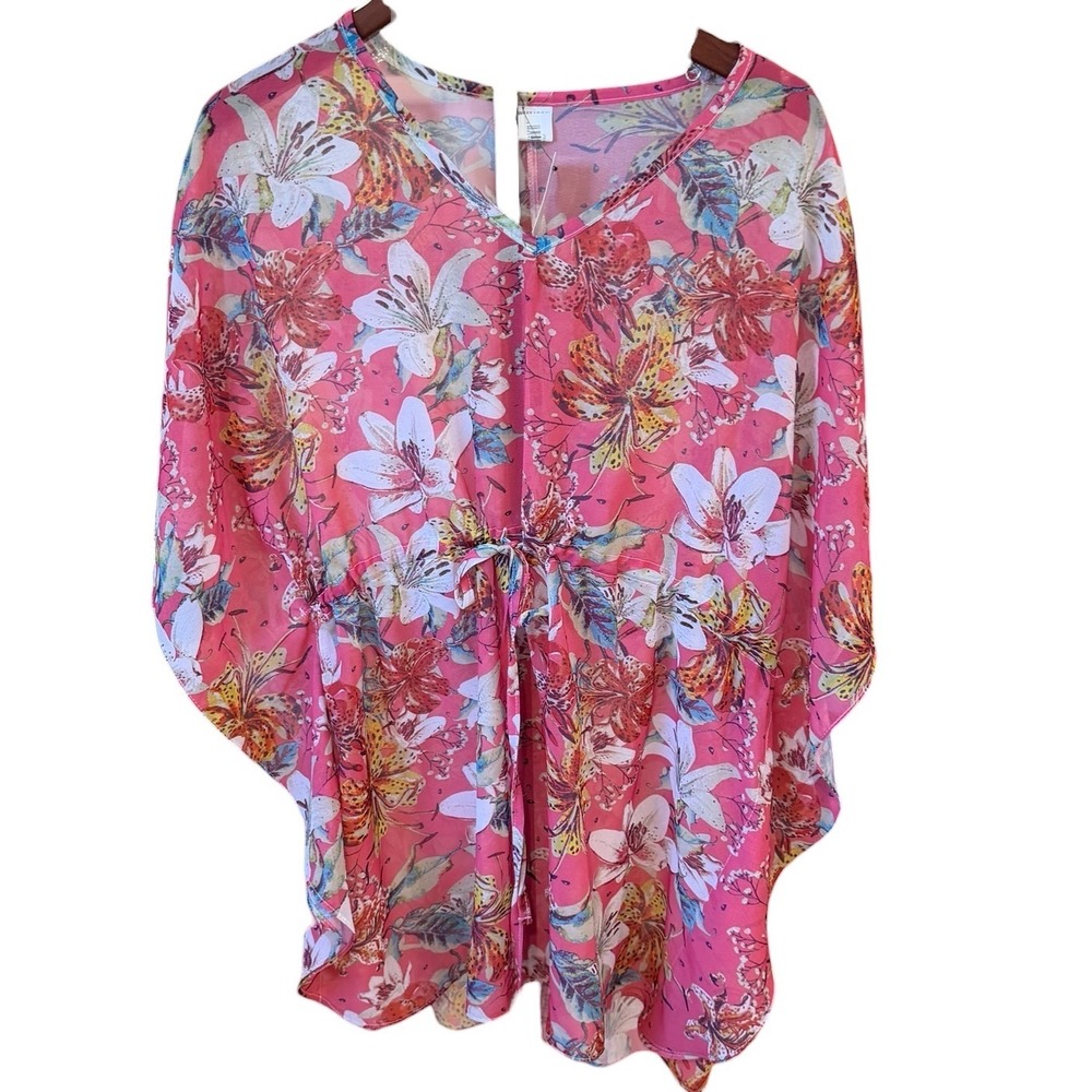 West Loop Womens Floral‎ Kaftan Top Pink Boho Kimono Beach Cover Up One Size